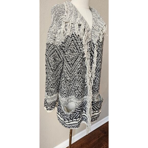 J. Jill Willow Fair Isle Long Sleeve Fringe Hem Cardigan‎ Sweater Black/White M - Picture 4 of 9
